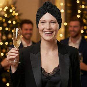 Turban Chimio Fêtes - Modèle Ella "Sur son 31" - Noir Pailleté & Bambou